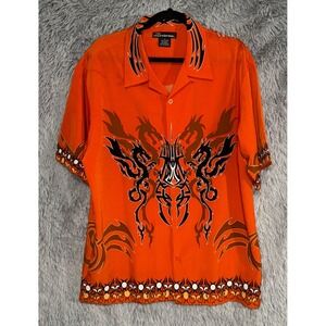 Y2k No Boundaries Orange Dragon Graphic Button Up Men's Size M Short Sleeve